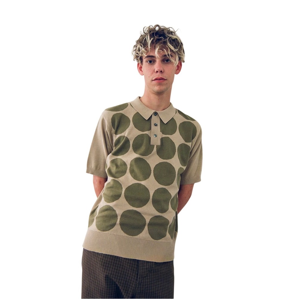 Stussy Circle SS‎ Polo Sweater Khaki Olive Green Polka Dot Shirt 117080 Mens M
